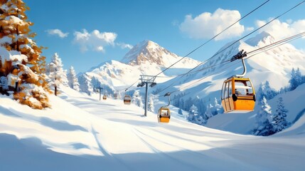 Cable cars traverse the snowy mountain landscape beneath a clear sky, offering a stunning view of the serene winter wonderland, capturing peace and tranquility.