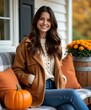 © ahmed - Cozy autumn scene with happy brunette woman on a porch bench, thanksgiving, halloween