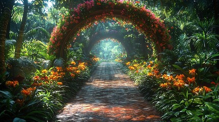 Canvas Print -  A garden path lined with flowers leads to a lit tunnel's end