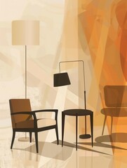 Wall Mural - Silhouettes of an armchair, table, and standing lamp create a contemporary atmosphere against a soft, warm gradient background. Generative AI