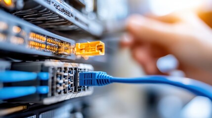 A detailed close-up shot captures blue and orange cables securely connected to a sleek server, symbolizing connectivity and modern digital infrastructure.