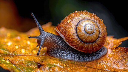   A snail on a leaf with water droplets on its back and shell