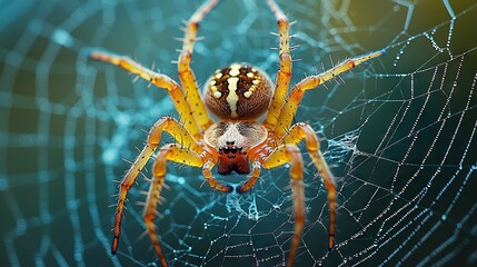 Wall Mural -   A close-up of a spider with yellow and black stripes on its back and legs
