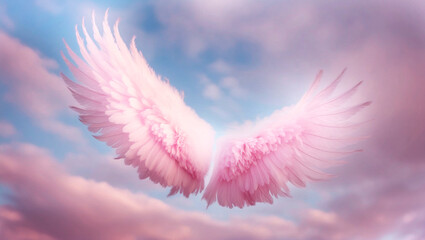 Wall Mural - illustration of angelic pink wings over blue sky, concept of spiritual freedom and angel love