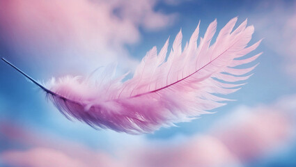 Wall Mural - illustration of romantic pink angelic feather over blue sky, concept of angel protection and divine 