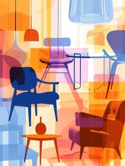 Wall Mural - Silhouettes of various furniture pieces create an energetic atmosphere against a vibrant, light gradient background. Generative AI