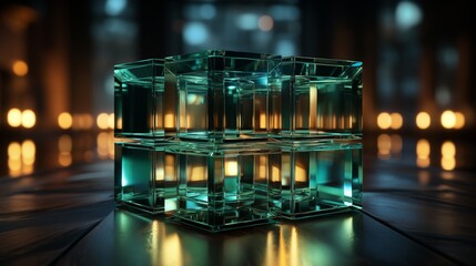 Wall Mural - box in cube geometric shape illuminated in blue and green neon colors and lights in dark