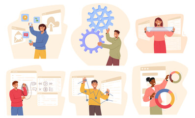 Collection Of People Interacting With Various Digital Interfaces, Representing Teamwork, Productivity, And Technology