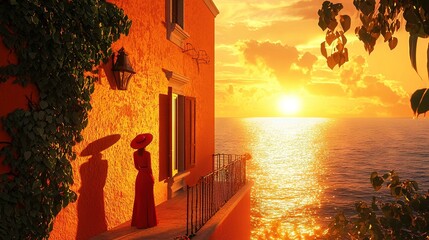 Wall Mural -   The sun is setting over a body of water with a house and trees in the foreground A couple of people with umbrellas can be seen in the distance