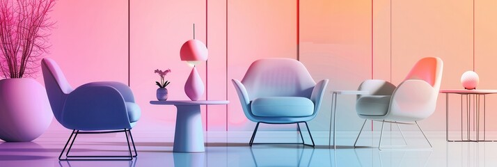 Wall Mural - Various silhouettes of stylish furniture, such as armchairs and lamps, are displayed against a soft gradient backdrop in an elegant room. Generative AI