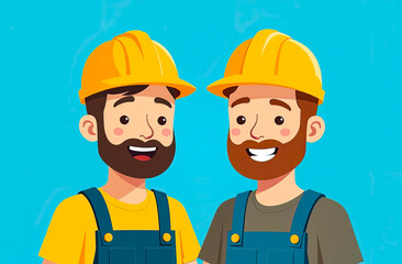 Two Construction Workers in uniform, isolated on blue background. Illustration of Happy Men Builders in helmets, Cartoon style