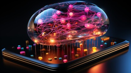 Wall Mural - colorful brain with pixels and wires levitating against black background