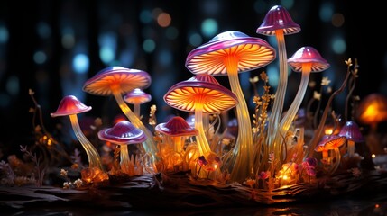 Wall Mural - colorful psychedelic fluorescent neon magic mushrooms growing against black background