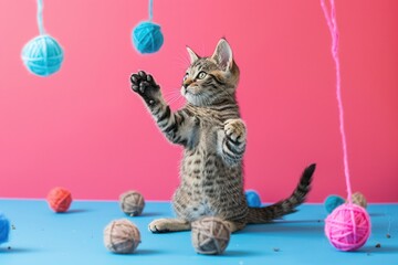 Poster - Two energetic kittens are happily playing with bright yarn and soft balls in a cheerful indoor environment, filled with joy. Generative AI