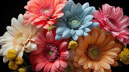 Wall Mural - composition of different bright gerbera flowers on black background
