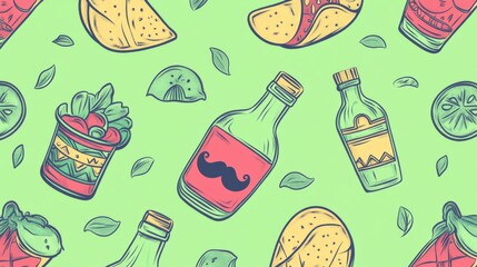 Green line art pattern with icons of a mariachi band, mustache, tequila bottle, and tacos on a light green background.