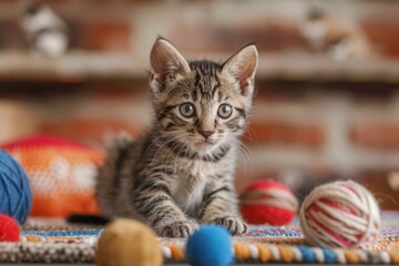 Poster - A playful kitten explores vibrant yarn and balls scattered around, enjoying the lively atmosphere of a warm and inviting room. Generative AI