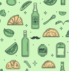 Green line art pattern with icons of a mariachi band, mustache, tequila bottle, and tacos on a light green background.