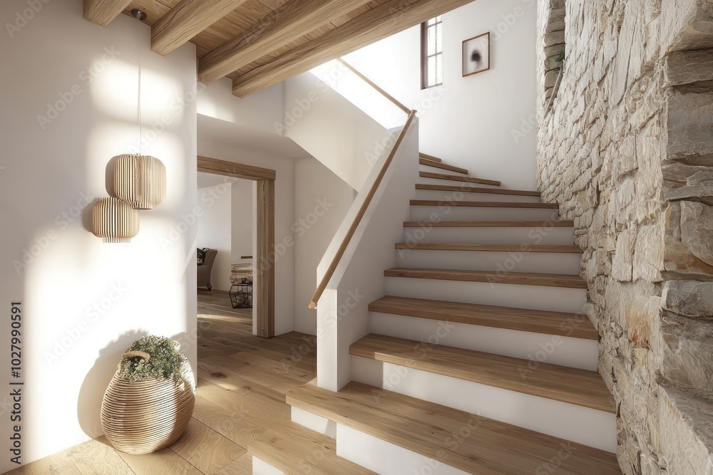 Stylish entrance hall with wooden stairs, white walls, and a stone wall ...