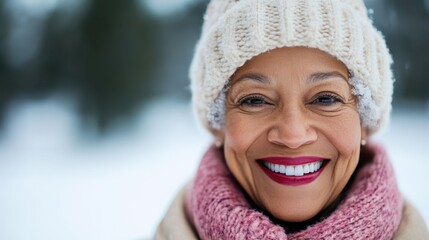 An older woman smiles warmly, wearing pink knitwear in a snowy environment, embodying the joy and comfort of the winter season in a serene, snowy setting.