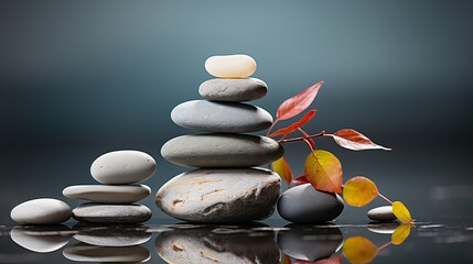 Wall Mural - pebbles balancing on white plank on round stone with shade and placed on rock on gray surface against gray wall in day