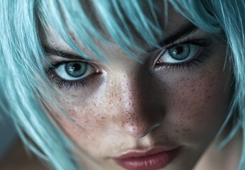 Poster - Closeup portrait of woman with striking blue eyes and teal hair