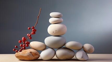Wall Mural - pebbles balancing on white plank on round stone with shade and placed on rock on gray surface against gray wall in day