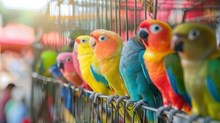 Poster - a variety of brightly colored parrots sit together in their large cage, showcasing their vibrant fea