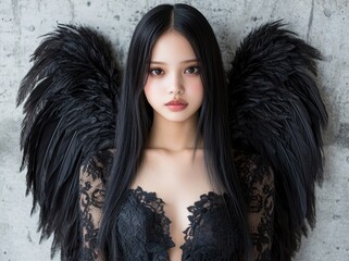 Canvas Print - mysterious dark angel with black feathered wings