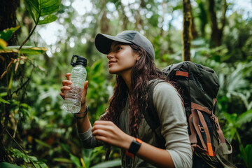 A woman is hiking in the woods and is holding a water bottle