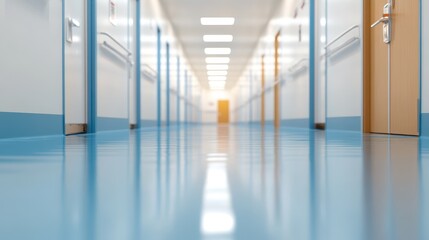 An empty hospital corridor displays a shiny blue floor and closed doors, reflecting a sense of cleanliness, order, and tranquility in a healthcare facility setting.