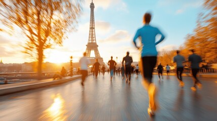  Blurred motion of joggers running towards the Eiffel Tower during a stunning sunrise, emphasizing the blend of urban life and natural beauty in Paris.