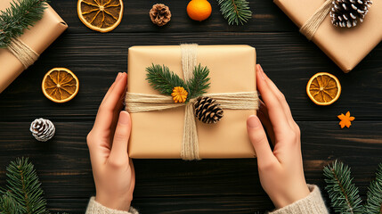 A festive scene showing hands exchanging a rustic Christmas gift wrapped with a golden ribbon, decorated with pinecones and greenery. The background includes a dark wooden table sc