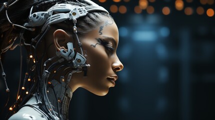 Wall Mural - side view of pensive cyborg character with illuminated dots and wires with cables looking away again