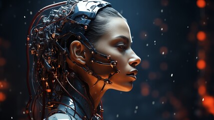 Wall Mural - side view of pensive cyborg character with illuminated dots and wires with cables looking away again