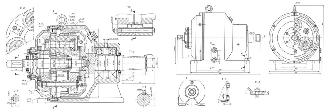 Engineering mechanical pencil drawing of steel devices
(reducer, gearbox, engine)
with dimension lines. Industrial 
cad scheme on white paper sheet. Technology background
of machine building industry.