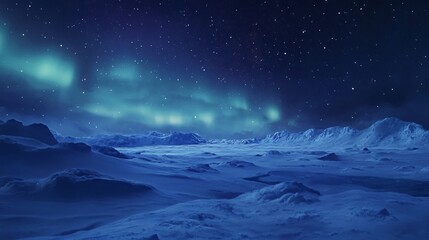 A snowy mountain landscape at night with a green aurora borealis in the sky.