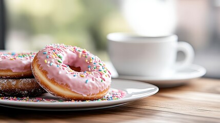 A delicious pink frosted donut covered in colorful sprinkles sits on a white plate, accompanied by a blurred cup in the background, emphasizing morning treats.