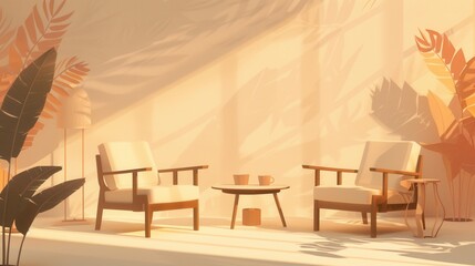 Poster - Silhouettes of an armchair, table, and lamp are highlighted against a light gradient backdrop, creating a warm and inviting atmosphere. Generative AI
