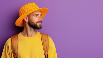 A bearded man in a vibrant orange hat and matching yellow shirt stands against a solid purple background while gazing off to the side with a thoughtful expression.