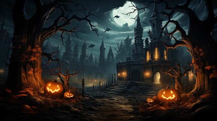 Spooky halloween, pumpkins castle, dark, cartoon style for kids.