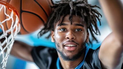 A focused basketball player completes a dunk with excitement and energy, capturing the dynamic moment of athleticism and joy indoors on a court.