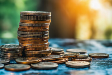 Stacks of coins in natural sunlight, representing financial growth, savings, investment, and wealth management with a focus on personal finance and monetary accumulation