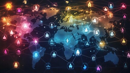 Wall Mural - a digital world map with connected human icons representing global networking