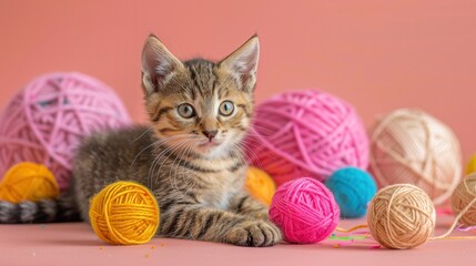 Poster - Active kittens are engaged with a variety of bright yarn balls and toys, having fun while playing together in a warm setting. Generative AI