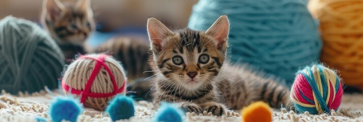 Poster - Two cute kittens are happily playing with various colorful balls and yarn, enjoying their time in a bright, friendly atmosphere. Generative AI