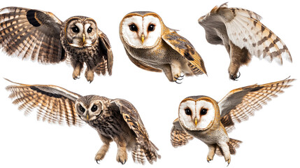 Poster - Collection of Flying Owls Captured in Mid-Air Against White Backdrop Generative AI