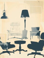 Wall Mural - Various silhouettes of furniture pieces, such as an armchair, lamp, and table, are displayed against a gentle gradient backdrop. Generative AI