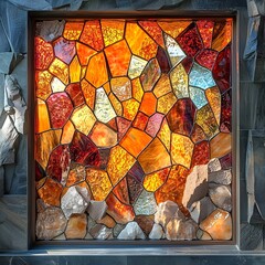 Sticker - A stained glass window with a mosaic design featuring warm tones of orange, yellow, and red, evoking a sense of warmth and light.