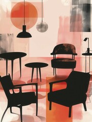 Aufkleber - Silhouettes of various furniture pieces create an inviting atmosphere on a light gradient backdrop, suggesting a stylish living space. Generative AI